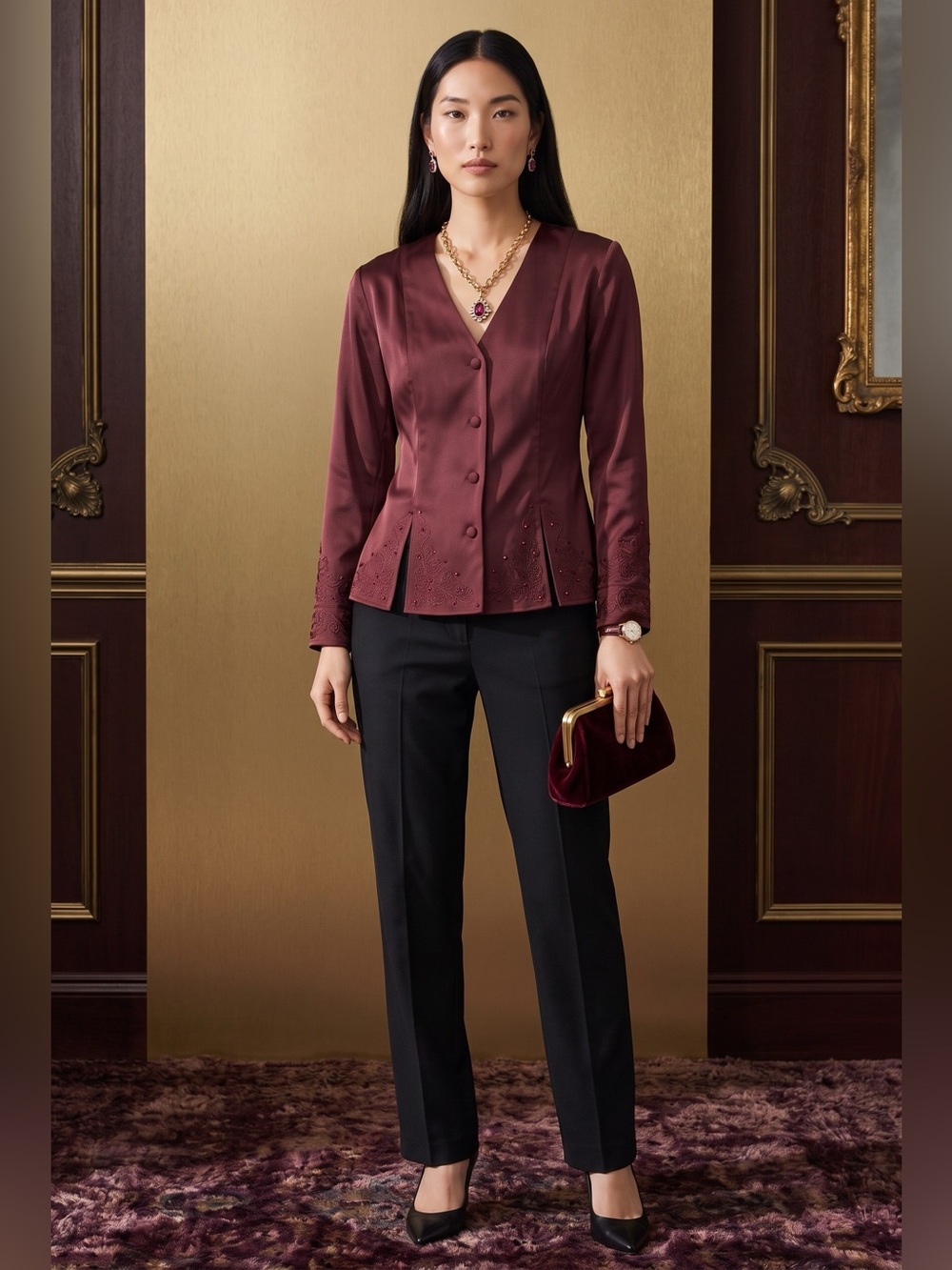 Banana Republic Silky Seamed Slit Blouse Burgundy